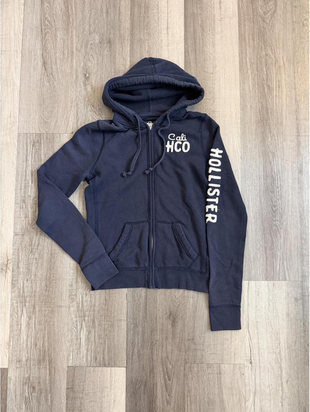 Y2K Navy Blue Hollister Co. Women's Zip-Up Hoodie, Size M, Cali HCO White Text - Picture 1 of 5